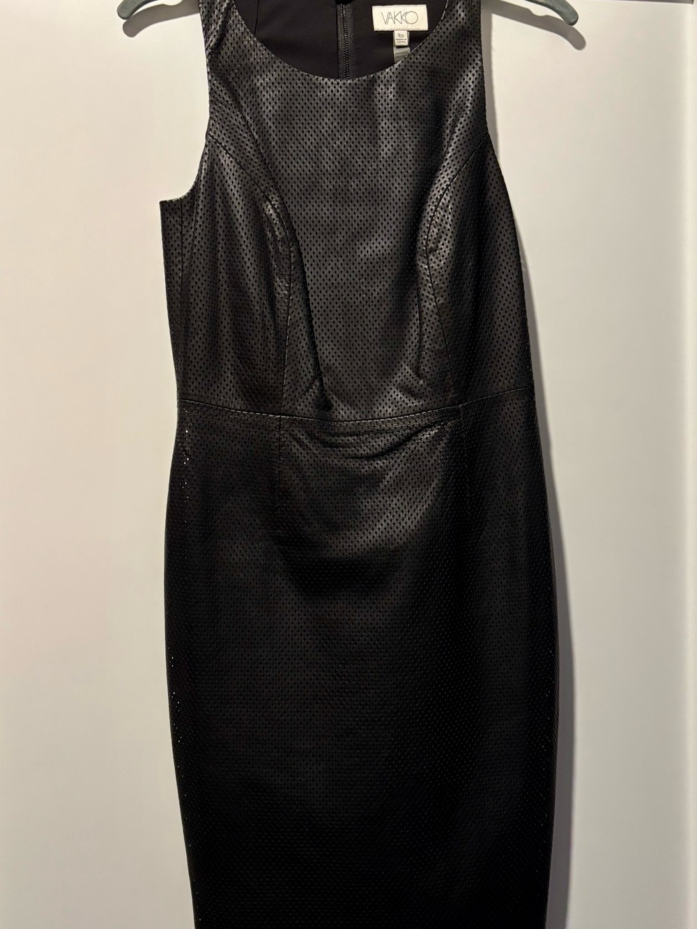 Vakko Black Perforated Lamb Leather Midi Sheath Dress